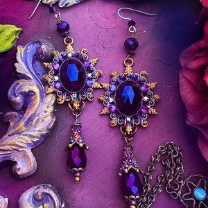 Purple Gothic Victorian Earrings, Amethyst Crystal Statement, Antique Brass Dark Bohemian Jewelry, Witchy Romantic- Bronze or Silver
