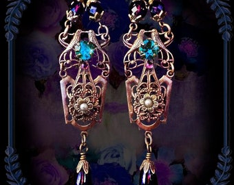 Dark Amethyst Antique Bronze Filigree Raven Earrings, Purple & Teal, Garnet Gothic Victorian, Renaissance Jewelry, Clip-On Option