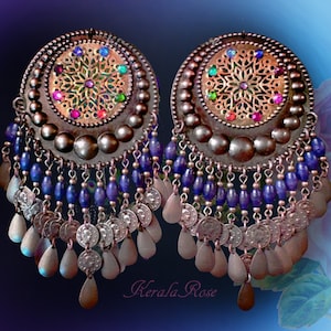 Exotic Earrings with Wood Beads, Rainbow Rhinestones and Metal Charms, Large Bronze Hippie Statement Earrings, Huge Round Boho Earrings