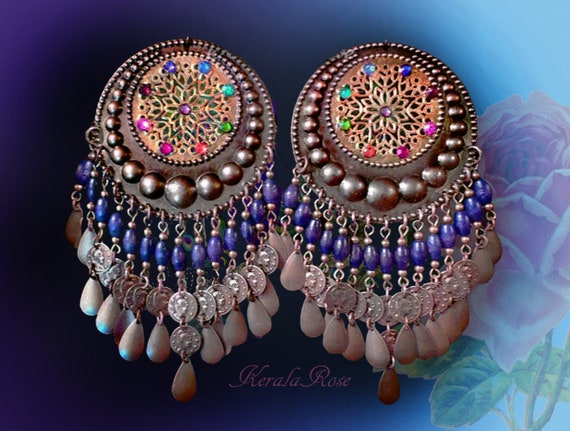 Huge Exotic Moroccan Earrings Turquoise Bohemian Bronze Gypsy