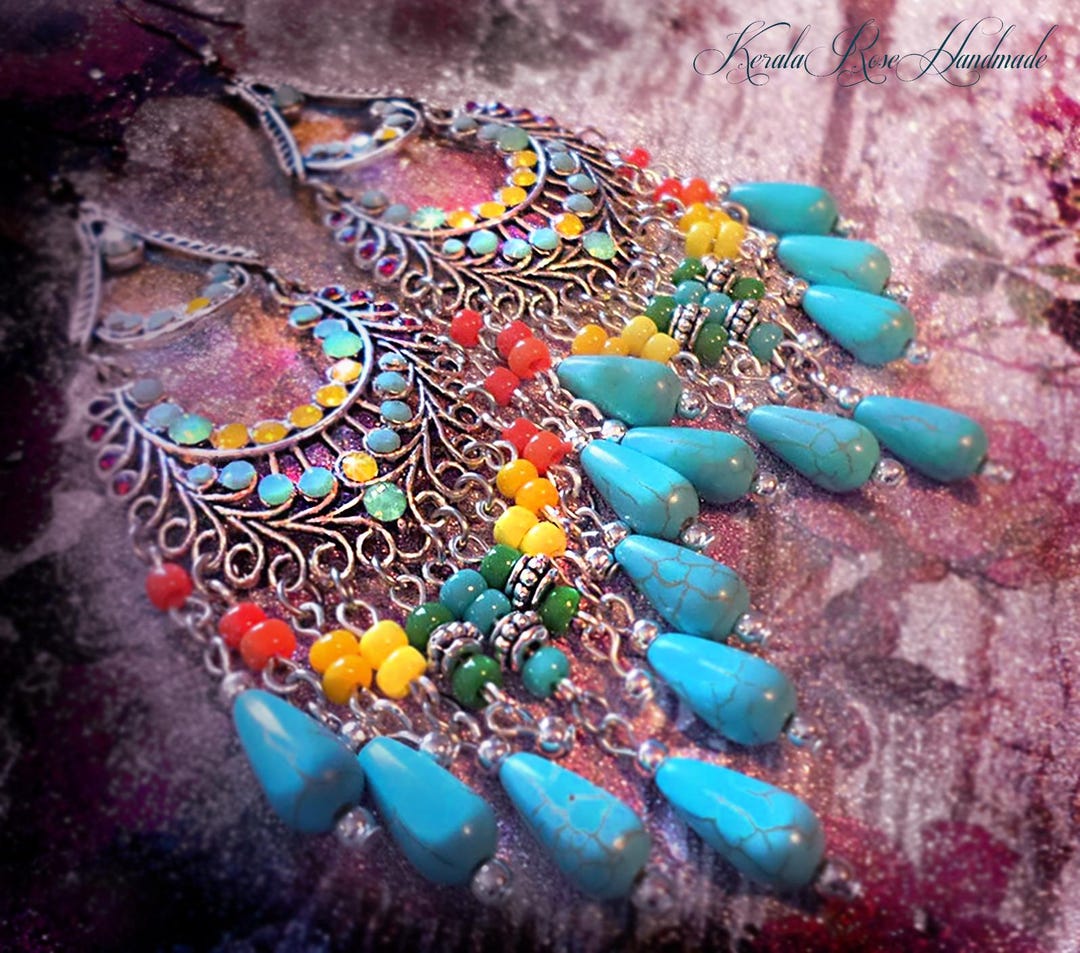 Colorful Bohemian Chandelier Earrings, Turquoise Statement Boho Jewelry ...