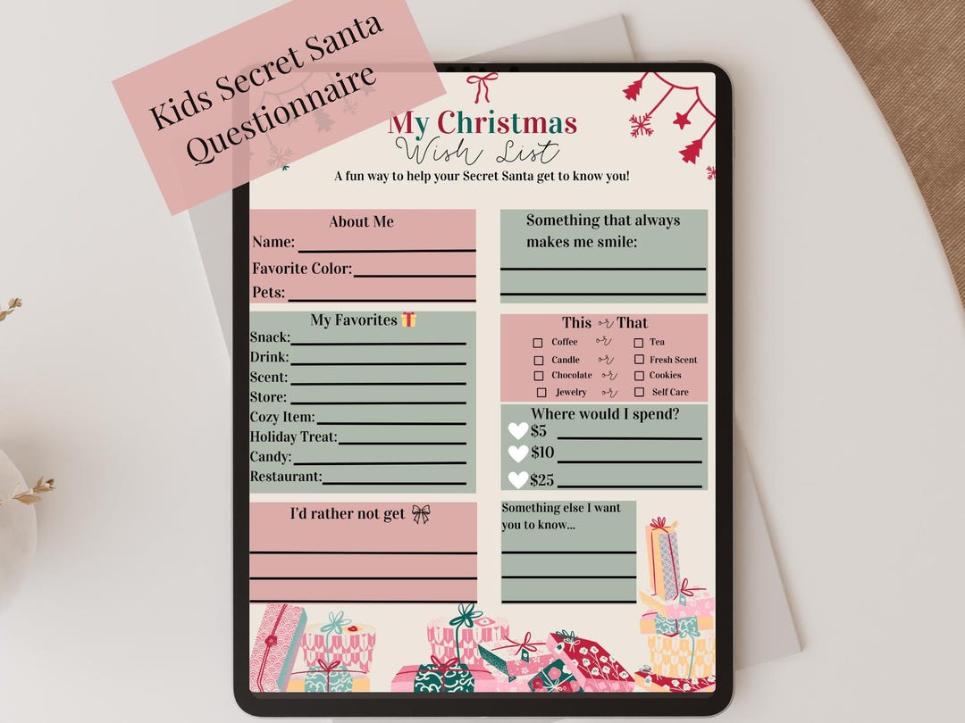 Kids Secret Santa Questionnaire Student Christmas Wish List Classroom ...
