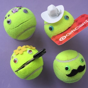 Tennis ball face &#39;stuff holder&#39;. Unique tennis player gift, party favor -  holds things, hides things inside. Choose hat, mustache, jewels.