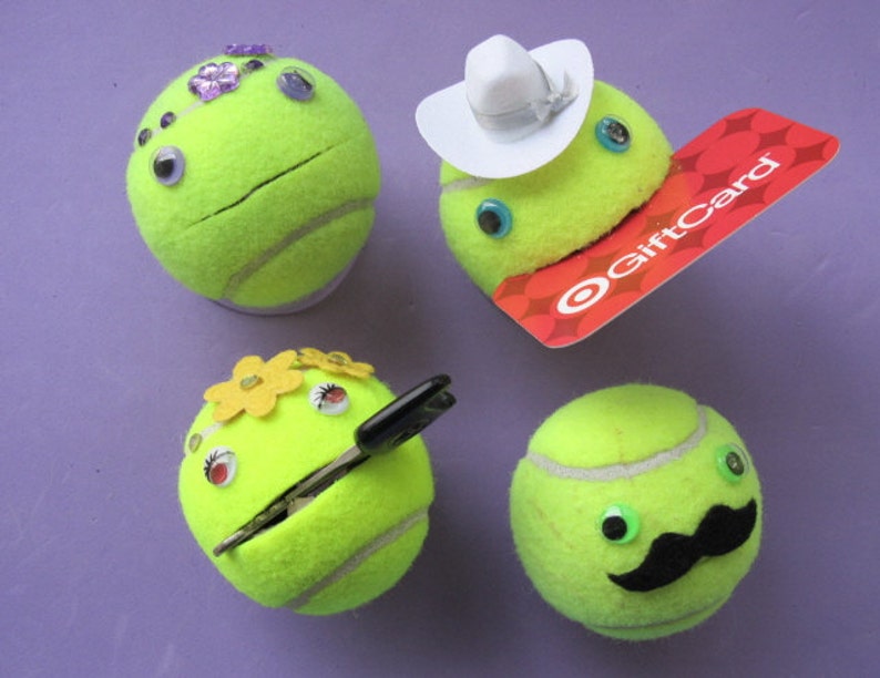 Tennis ball face 'stuff holder'. Unique tennis player gift, party favor holds things, hides things inside. Choose hat, mustache, jewels. image 1