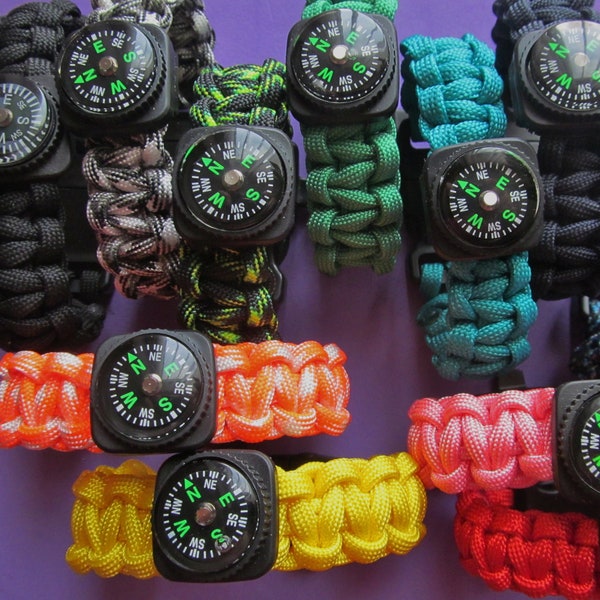 Compass Paracord Bracelet. Bracelet with compass and whistle buckle. Fun for scouts, camping, hiking. More NEW COLORS! Order by wrist size.