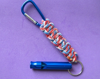 Whistle Keychain. Red white blue paracord keychain with aluminum safety whistle, carabiner clip. Loud whistle key ring for fun and safety.