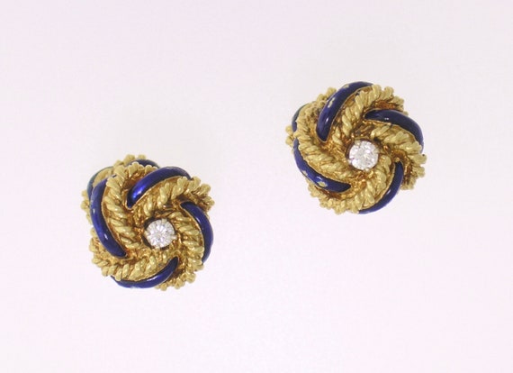 Blue Enamel Diamond Cufflinks~18k Yellow Gold Blue