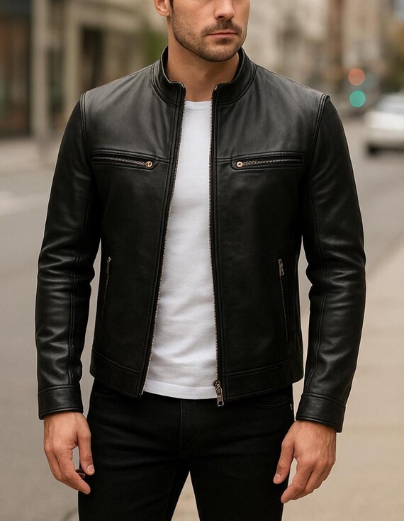 Handmade Black Cowhide Leather Jacket: Slim Fit Cafe Racer