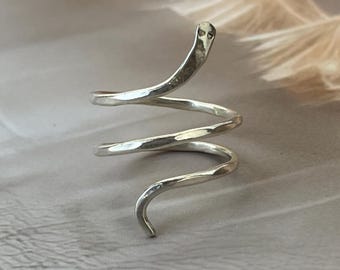 Handmade 925 Sterling Silver Snake Ring • Adjustable Spiral Wrap Ring • Minimalist Hammered Ring |