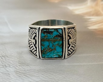 Turquoise 925 Sterling Silver Signet Ring | Vintage Style Handmade Jewelry |