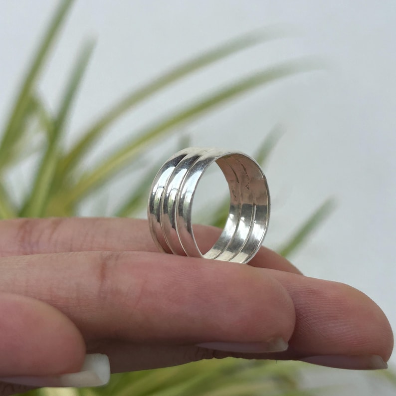 925 Sterling Silver Wide Band Ring: Handmade Unisex Triple Line Design ...