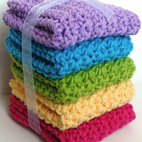 Crochet Dishcloths Washcloths - Set of 5 - Kitchen, Bathroom, Baby - Blue, Green, Purple, Yellow, Pink - 100% Cotton