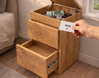 Table de chevet avec deux tiroirs (dont 1 secret) et serrure secrète en haut (Noir)