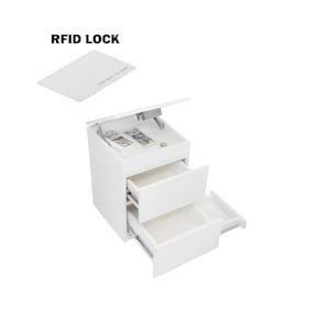 May include: A white bedside table with two drawers and an open top compartment. The top compartment contains cash and a coin. An RFID lock card is included. The text "RFID LOCK" is visible.