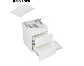 May include: A white bedside table with two drawers and an open top compartment. The top compartment contains cash and a coin. An RFID lock card is included. The text "RFID LOCK" is visible.