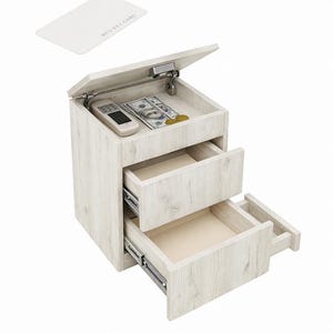 May include: A light-colored wooden nightstand with two drawers and a top compartment. The top is open, revealing a remote, cash, and coins. An RFID key card is above the nightstand. The text "RFID LOCK" is at the top.