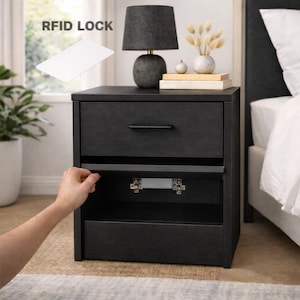Può includere: Comodino nero con un cassetto e un vano aperto. Il comodino ha una lampada, libri e oggetti decorativi sopra. Il testo "RFID LOCK" è visibile. Una mano apre il vano.