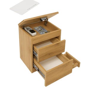 May include: A wooden nightstand with two drawers and a top compartment, featuring an RFID lock system. The top is open, revealing a remote, cash, and coins. A white RFID card is shown above the nightstand.