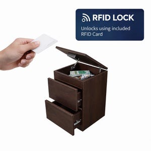 May include: A dark brown wooden cabinet with two drawers and an open top. The top is open, revealing money inside. A white RFID card is held near the cabinet. The cabinet has an RFID lock that unlocks using the included RFID card.