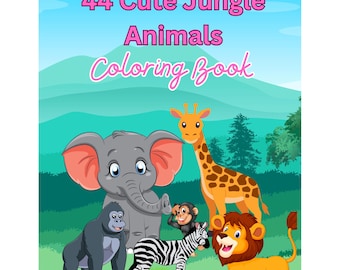 May include: A colouring book cover titled 44 Cute Jungle Animals Colouring Book featuring a cartoon elephant, giraffe, gorilla, monkey, zebra, and lion standing in a green grassy field against a backdrop of blue mountains and trees.