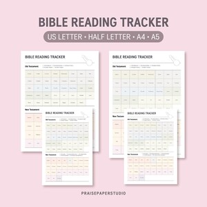 Op de afbeelding: Bijbellees-tracker prints in US Letter, Half Letter, A4 en A5 formaten. Het ontwerp heeft een rasterindeling met secties voor het Oude en Nieuwe Testament. De tekst "BIBLE READING TRACKER" staat bovenaan. De onderkant van de afbeelding zegt "PRAISEPAPERSTUDIO".