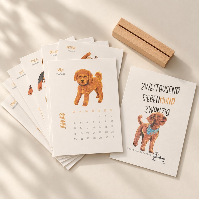 May include: A set of paper calendar pages featuring watercolor-style dog illustrations, including a brown toy poodle and a dog wearing a blue bandana. The text includes 'ZWEITAUSEND SIEBENHUND ZWANZIG' and 'JANUAR'. A rectangular wooden stand is included.