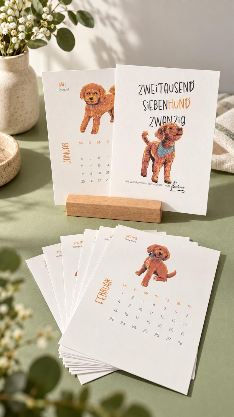 May include: A set of white paper calendar pages featuring illustrations of brown dogs. The top page displays the text ZWEITAUSEND SIEBENHUND ZWANZIG and a dog wearing a blue bandana. Below, a page shows the month FEBRUAR with a dog illustration.