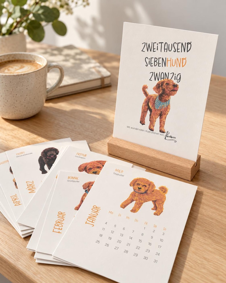 May include: A desk calendar featuring illustrations of poodles on white cardstock pages. The cover displays the text "ZWEITAUSEND SIEBENHUND ZWANZIG" with a brown poodle illustration. The pages are held upright by a rectangular wooden stand.
