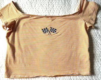 Upcycled Orange & White Off the Shoulder  F1/McLaren Inspired Race Flag Shirt.  Size XL.