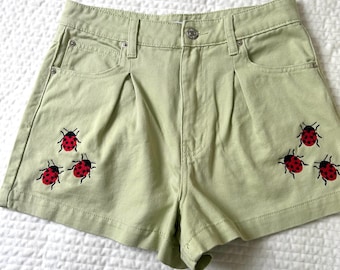 Cute Upcycled Light Green shorts with Ladybugs  embroidered shorts 26/28" waist