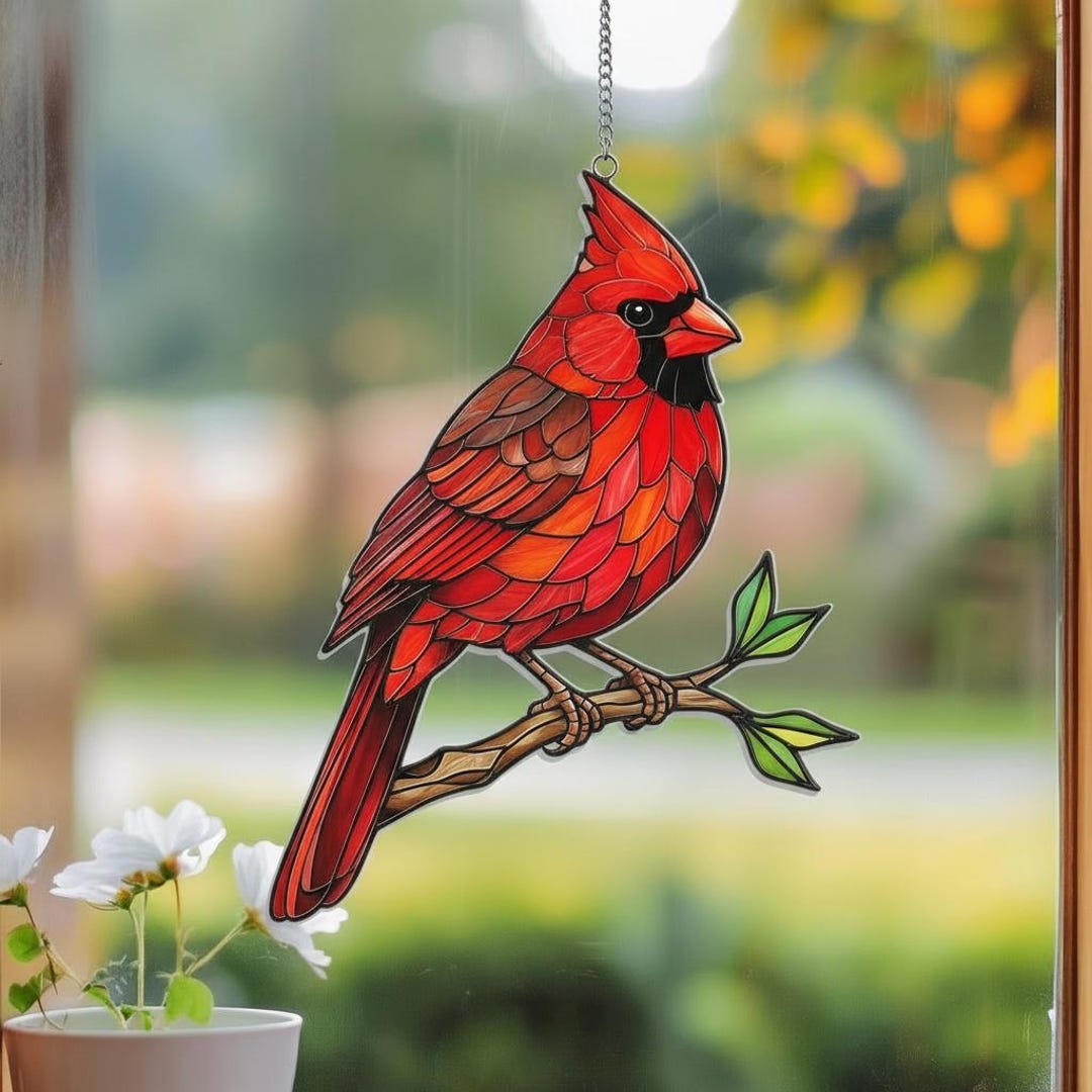 Cardial Windows Racks Red Cardinal Acrylic Suncatcher Window Hanging, Cardinal Bird Stained ...