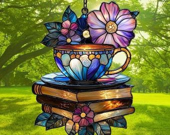 Floral Books and Tea Acrylic Suncatcher, Cute Window Hanging Decor & Gift for Book Lovers