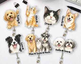 Custom Pet Watercolor Badge Reel from Photo, Hand Drawn Dog Cat ID Holder, Nurse Gift, Vet Tech Name Tag Clip