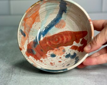 White Bowl with Rainbow Splatter / Soup, Cereal or Salad Bowl / Handmade Wheel-Thrown Pottery / Ceramic