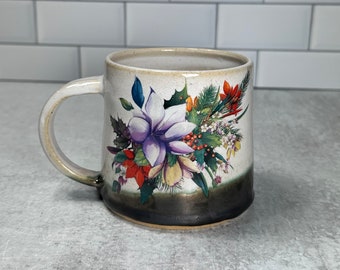 Spring Floral Mug in green / 14 oz / Handmade Wheel-Thrown Pottery / Ceramic