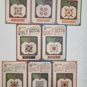 May include: Nine "Quilt Seeds" packets with pumpkin patchwork designs. The packets have a vintage aesthetic with a fall theme. Each packet features a different patchwork pumpkin design, with text that reads "Autumn" and "Grow Your Pumpkin Patch!"