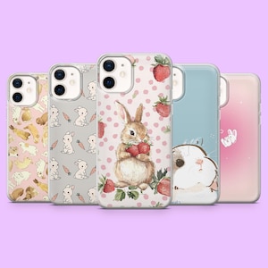Cute Bunny Phone Case Rabbit Animal Drawing Cover for iPhone 16Pro, 15, 14, 13, 12 Samsung S25, S24, S23, S22, A16, A56, A55, Pixel 9, 9Pro