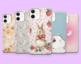 Cute Bunny Phone Case Rabbit Animal Drawing Cover for iPhone 17 Pro, 16, 15, 14, 13 Samsung S25, S24, S23, S22, A16, A56, A55, Pixel 9, 9Pro