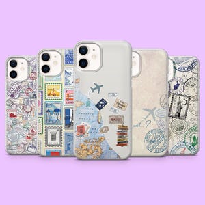 May include: Five phone cases with travel-themed designs. The cases feature stamps, maps, and airplane graphics. One case has a world map with travel stickers. The cases are in various colours, including white, blue, and beige.