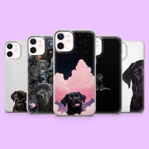 May include: A selection of phone cases with black Labrador Retriever dog illustrations. The designs include a collage of dog faces, a dog against a starry sky with pink clouds, and minimalist line art. The cases are presented on a purple backdrop.
