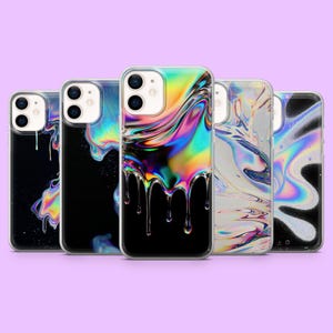 May include: Five smartphone cases arranged in a row, each featuring a distinct iridescent, liquid-like design. The patterns include swirling rainbow colors, metallic drips, and holographic textures against black, white, and transparent backgrounds.