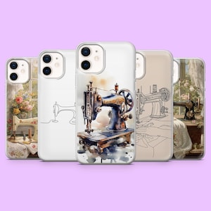May include: A collection of five smartphone cases featuring various sewing machine designs. The cases display a mix of watercolor illustrations, minimalist line art, and detailed photographic prints of vintage sewing machines in indoor settings.