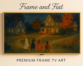May include: A framed painting depicts children in Halloween costumes trick-or-treating in front of a house. The artwork has a gold frame and the text "Frame and Fiat" and "PREMIUM FRAME TV ART". The scene is set at dusk with a warm, inviting glow.