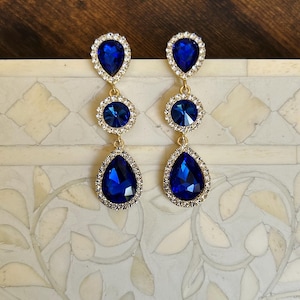 Blue sapphire, gold and diamond crystal drop earrings. 9cm long.
