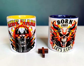 Biker Coffee Mug – Born Free Let's Ride Skull Graphic Motorcycles
