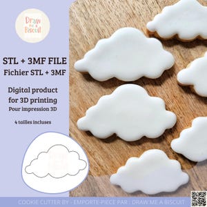 Può includere: Biscotti a forma di nuvola con glassa bianca disposti su una superficie di legno. L'immagine mostra anche un tagliabiscotti a forma di nuvola e il testo "STL + 3MF FILE" e "Digital product for 3D printing".