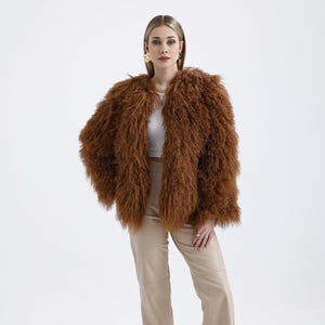 Genuine Tibetan Shearling Jacket – Natural Light Brown Curly Mongolian Shearling Coat for Women, Luxurious Winter Outerwear, Boho Chic Style