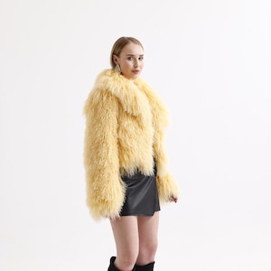 Genuine Tibetan Shearling Jacket – Natural Yellow Curly Mongolian Shearling Coat for Women, Luxurious Winter Outerwear, Boho Chic Style