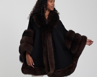 Chal de lana y cachemira negro - Chal con ribete de piel de zorro para mujer - Poncho elegante de invierno - Capa formal de noche para mujer - Chal de lana con ribete de piel de zorro
