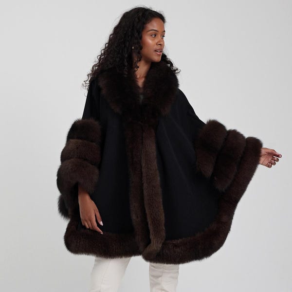 Black Wool & Cashmere Cape Shawl – Women's Fox Fur Trim Wrap – Elegant Winter Poncho – Formal Evening Cape for Women-Fox Fur Trim Wool Shawl